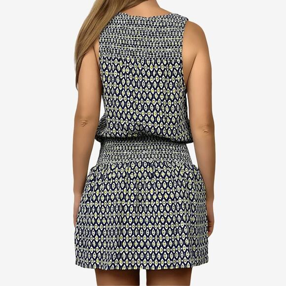 Joie Lawska Mini Dress Medium Blue Silk Geometric Casual Boho Chic Softcore - Picture 2 of 14